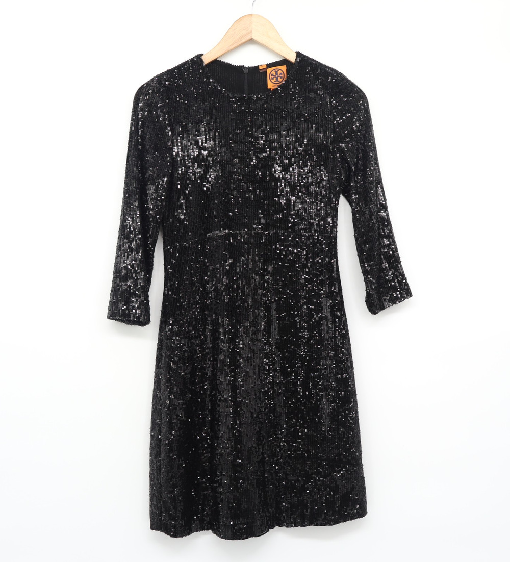 Tory Burch Small Black Sequins Shift Mini Dress 3/4 Sleeve Glam Cocktail